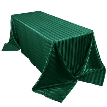 90"x132" Hunter Emerald Green Satin Stripe Seamless Rectangular Tablecloth for 6 Foot Table With Floor-Length Drop