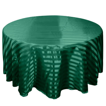 120" Hunter Emerald Green Satin Stripe Seamless Round Tablecloth for 5 Foot Table With Floor-Length Drop
