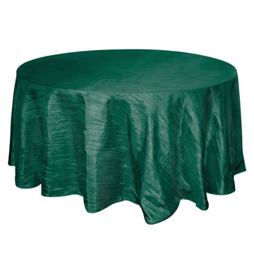 120" Hunter Emerald Green Seamless Accordion Crinkle Taffeta Round Tablecloth for 5 Foot Table With Floor-Length Drop