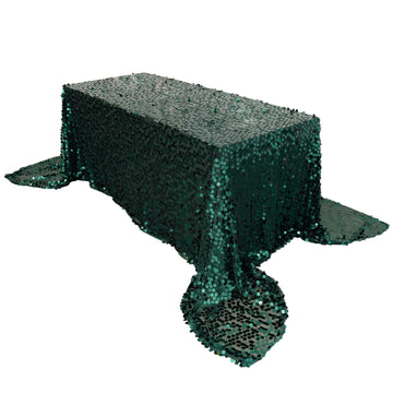 90"x156" Hunter Emerald Green Seamless Big Payette Sequin Rectangle Tablecloth Premium for 8 Foot Table With Floor-Length Drop
