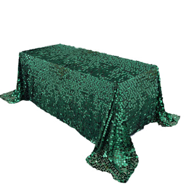 90"x132" Hunter Emerald Green Seamless Big Payette Sequin Rectangle Tablecloth Premium Collection