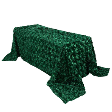 90"x132" Hunter Emerald Green Seamless Grandiose 3D Rosette Satin Rectangle Tablecloth for 6 Foot Table With Floor-Length Drop