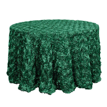 120" Hunter Emerald Green Seamless Grandiose 3D Rosette Satin Round Tablecloth for 5 Foot Table With Floor-Length Drop