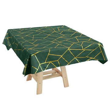 54"x54" Hunter Emerald Green Seamless Polyester Square Tablecloth With Gold Foil Geometric Pattern