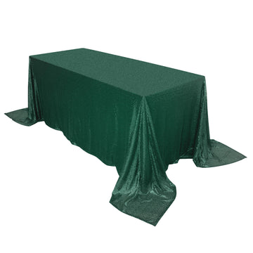 90"x132" Hunter Emerald Green Seamless Premium Sequin Rectangle Tablecloth for 6 Foot Table With Floor-Length Drop