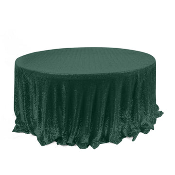 120" Hunter Emerald Green Seamless Premium Sequin Round Tablecloth for 5 Foot Table With Floor-Length Drop
