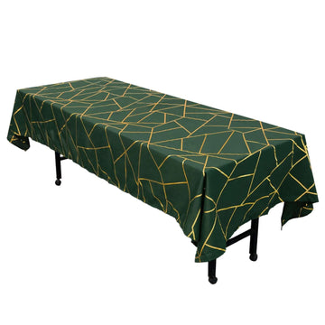 60"x102" Hunter Emerald Green Seamless Rectangle Polyester Tablecloth With Gold Foil Geometric Pattern