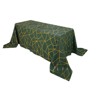 Polyester 90"x132" Rectangle Tablecloth Hunter Emerald Green with Gold Foil Geometric Pattern - Wrinkle-Resistant Seamless Table Cover