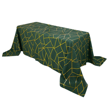 90"x156" Hunter Emerald Green Seamless Rectangle Polyester Tablecloth With Gold Foil Geometric Pattern for 8 Foot Table With Floor-Length Drop