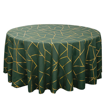 120" Hunter Emerald Green Seamless Round Polyester Tablecloth With Gold Foil Geometric Pattern