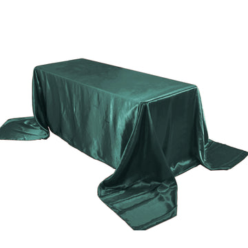 90"x156" Hunter Emerald Green Seamless Satin Rectangular Tablecloth for 8 Foot Table With Floor-Length Drop