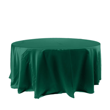 120" Hunter Emerald Green Seamless Satin Round Tablecloth for 5 Foot Table With Floor-Length Drop