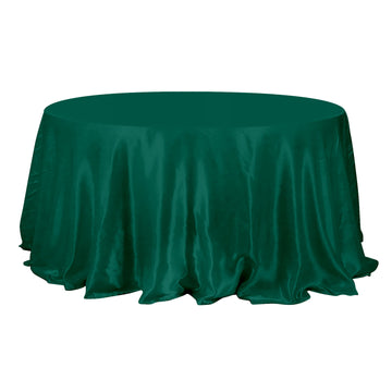 132" Hunter Emerald Green Seamless Satin Round Tablecloth for 6 Foot Table With Floor-Length Drop