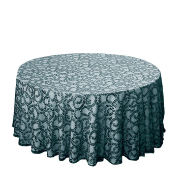 120" Hunter Emerald Green Sequin Leaf Embroidered Seamless Tulle Round Tablecloth, Sheer Table Overlay