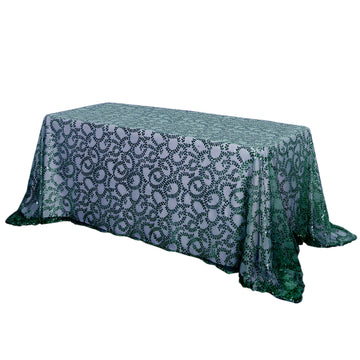 90"x156" Hunter Emerald Green Sequin Leaf Embroidered Tulle Rectangular Tablecloth