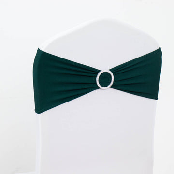 5 Pack | Hunter Emerald Green Spandex Stretch Chair Sashes with Silver Diamond Ring Slide Buckle | 5"x14"