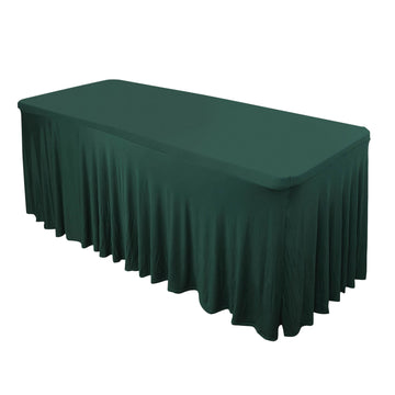 6ft Hunter Emerald Green Wavy Spandex Fitted Rectangle 1-Piece Tablecloth Table Skirt, Stretchy Table Skirt Cover with Ruffles