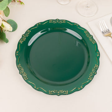 10 Pack | 10" Hunter Emerald Green With Gold Vintage Rim Disposable Dinner Plates With Embossed Scalloped Edges, Plastic Party Plates