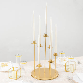 Add Elegance to Your Event with the 15" Tall Gold 7-Arm Metal Cluster Round Taper Candelabra
