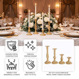 Set of 4 gold baroque metal taper candle holders for weddings and events.