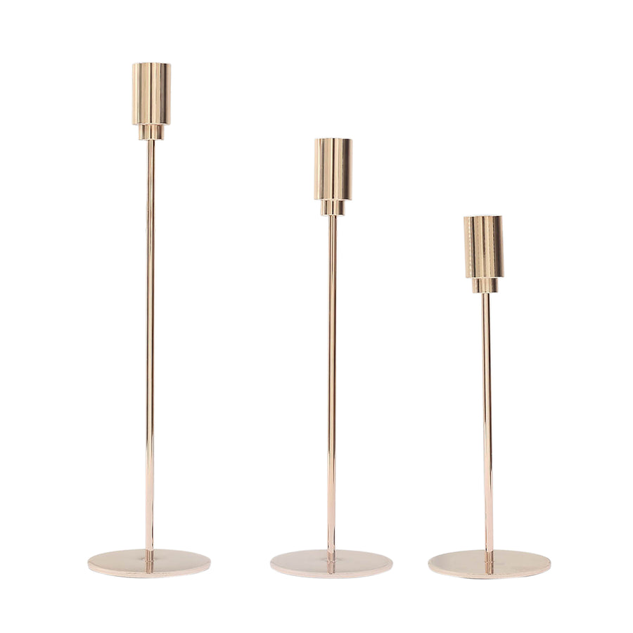 Set of 3 | Gold Metal Taper Candle Holder Set, Skinny Candlestick Stand Round Solid Base#whtbkgd