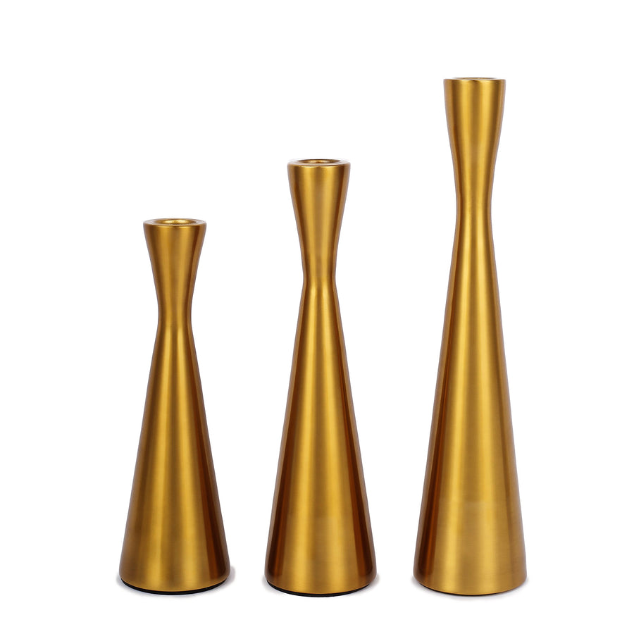 Set of 3 Nordic Hourglass Style Gold Metal Candlestick Holders, Modern European Style Taper#whtbkgd