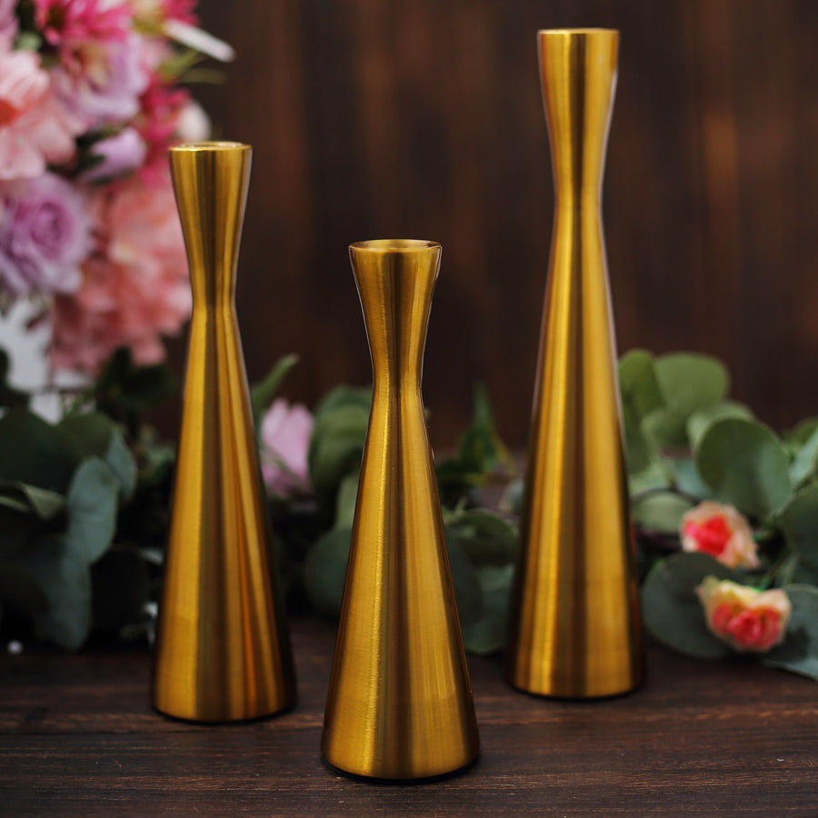 Set of 3 Nordic Hourglass Style Gold Metal Candlestick Holders, Modern European Style Taper