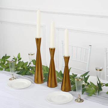 Set of 3 Nordic Hourglass Style Gold Metal Candlestick Holders, Modern European Style Taper Candle Stands - 8",9",11"