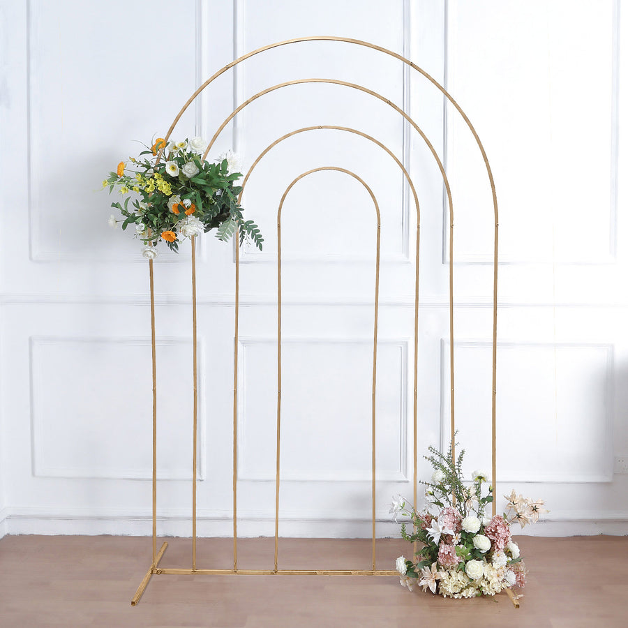 8ft Gold Metal Multi-Layered Round Top Wedding Arch, Rainbow Floral Frame Chiara Backdrop Stand