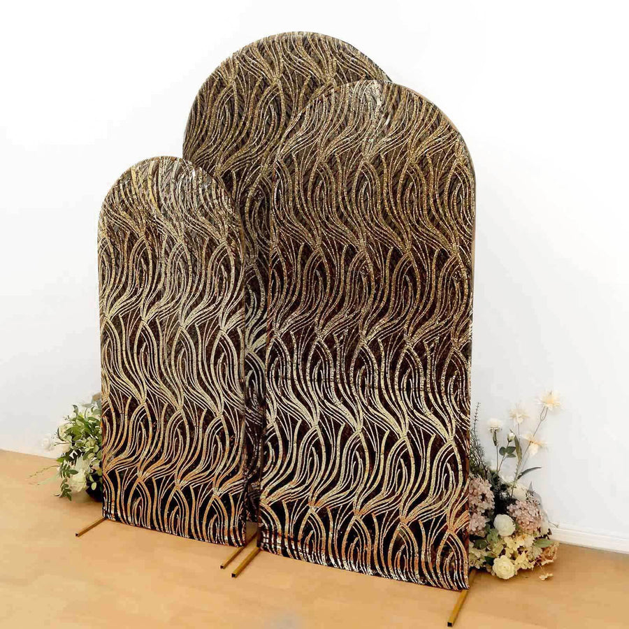 Set of 3 Black Wave Mesh Chiara Wedding Arch Covers With Gold Embroidered Sequins, Fitted Covers