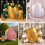 Metallic-finish Chiara arch covers offering a sleek, tailored fit for round-top backdrop frames