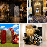 Fitted payette sequin backdrop cover crafted for round-top arch stands, creating an elegant and p...