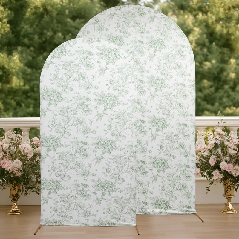 Floral arch backdrop with green botanical print