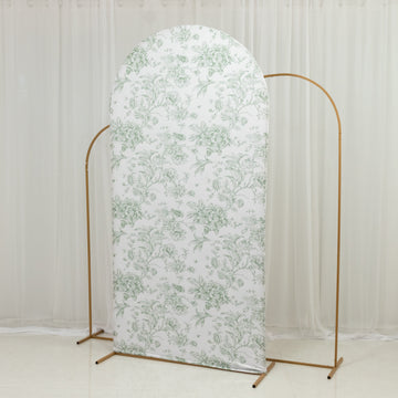 7ft Fitted Spandex Chiara Backdrop Cover – French Toile Dusty Sage Green & White Floral Arch Slipcover for Round Top Wedding Stand