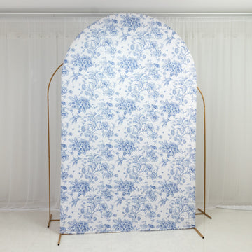 8ft Fitted Spandex Chiara Backdrop Cover – French Toile Blue & White Floral Arch Slipcover for Round Top Wedding Stand