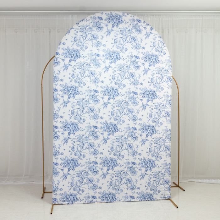 8ft Fitted Spandex Chiara Backdrop Cover – French Toile Blue & White Floral Arch