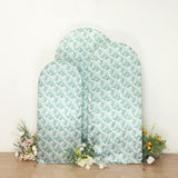 Set of 3 White Green Satin Chiara Wedding Arch Covers With Eucalyptus Leaves Print, Fitted Covers