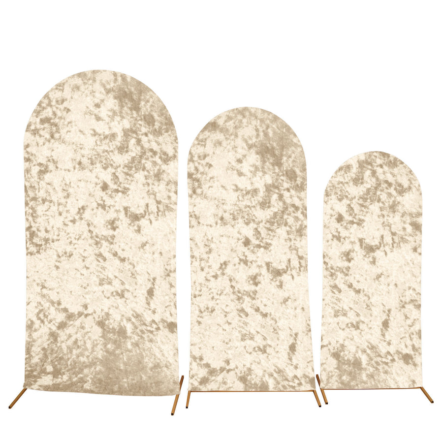 Set of 3 Champagne Crushed Velvet Chiara Backdrop Stand Covers For Round Top Wedding Arches#whtbkgd