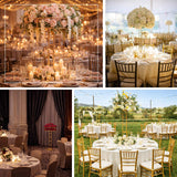 Elegant wedding reception table settings with floral arrangements and candlelight.