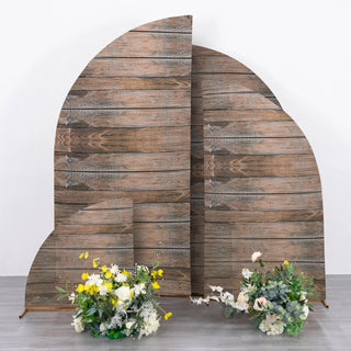 Elevate Your Event with Brown Rustic Wood Spandex Chiara Wedding Arch Covers