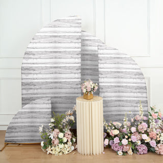 Elevate Your Event with the Captivating Whitewash Rustic Wood Print Spandex Chiara Wedding Arch Covers