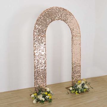 8ft Rose Gold Big Payette Sequin Open Arch Wedding Arch Cover, Sparkly U-Shaped Fitted Backdrop Slipcover