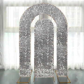 Set of 2 Silver Payette Sequin Wedding Arch Covers for Round Top and Double Arch Chiara Backdrop Stands - 6ft,8ft