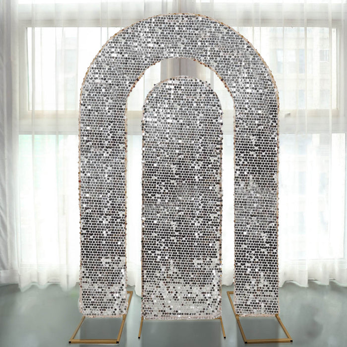 Set of 2 Silver Payette Sequin Wedding Arch Covers for Round Top and Double Arch Chiara Backdrop