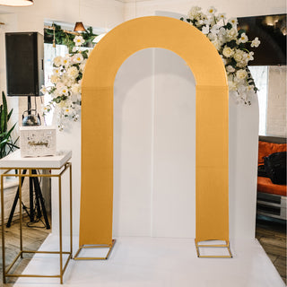 Elevate Your Event Design with the Gold Fitted Open Arch Cover