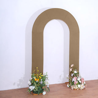Elevate Your Event with the 8ft Taupe Spandex Fitted Open Arch Wedding Arch Cover