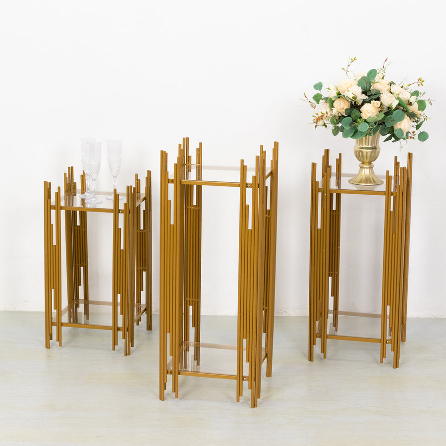 Set of 3 Gold Metal Plinths Cake Table Pedestal Stands With Square Acrylic Plates