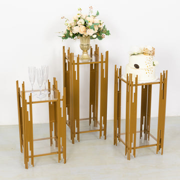 Set of 3 Gold Metal Plinths Cake Table Pedestal Stands With Square Acrylic Plates, Wedding Props Flower Display Stands - 26",30",34"
