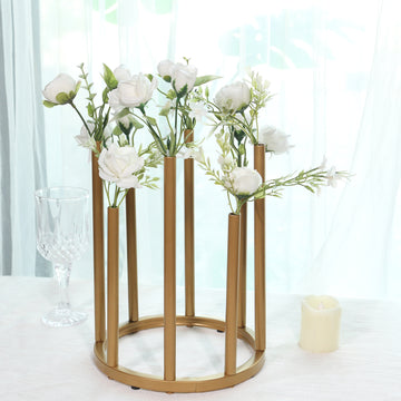 10" Gold Metal 8-Tubes Single Stemmed Flower Vase Centerpiece with Hollow Round Base, Minimalist Style Bud Vase For Floral Arrangements