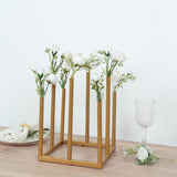 Gold Metal 8-Tubes Single Stemmed Flower Vase Centerpiece with Hollow Square Base